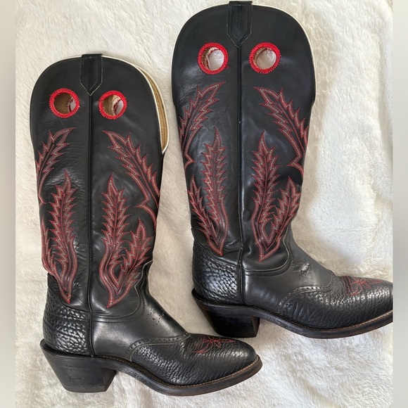 Vintage Black Leather Cowboy Boots with Red Stitching & Pull Holes - Picture 1 of 14